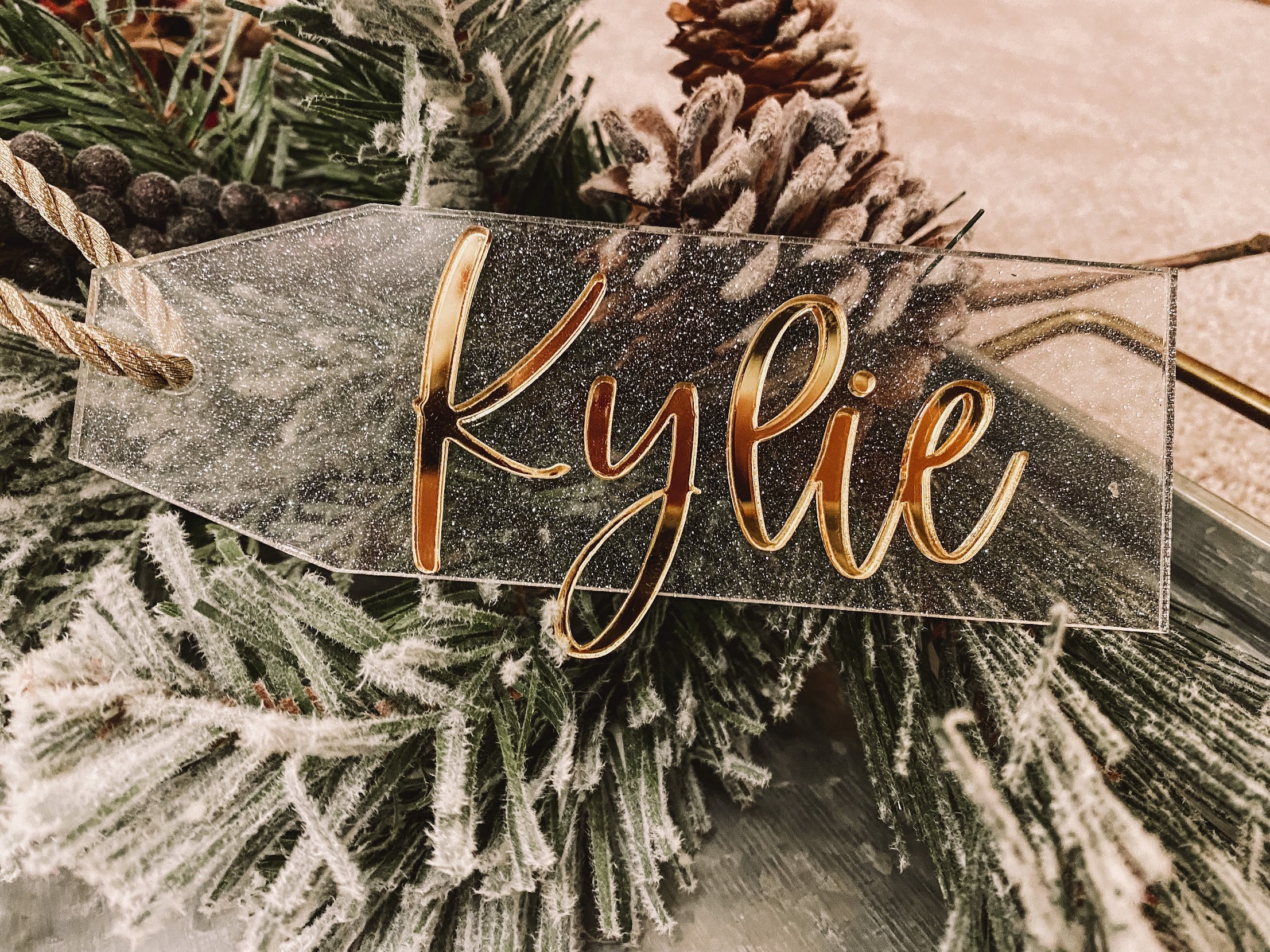 Stocking Name Tags in Acrylic and Wood for Christmas, Custom Name